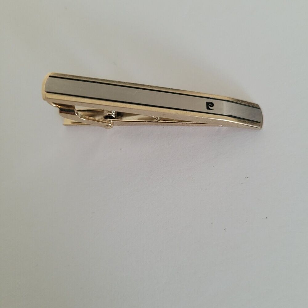 Pierre Cardin Vintage‎ Two Tone Striped Tie Clasp Clip Bar Silver Gold Retro